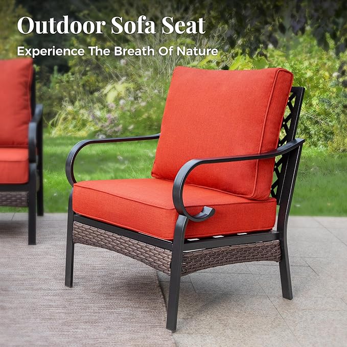 Patio Furniture Set with Fire Pit Table, Metal Outdoor Conversation Set with 5.75'' Extra Thick Cushion, Loveseat Sofa, 2 Leg Chairs, 3-Seat Sofa and Gas Fire Pit Table, Red