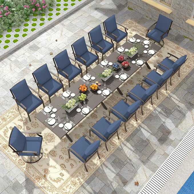 16 PCS Outdoor Patio Dining Set,Patio Table and Chairs Metal Outdoor Patio Furniture Set with Umbrella Hole,Dining Table Set with Swivel Chairs for Deck,Backyard and Garden,Navy Blue