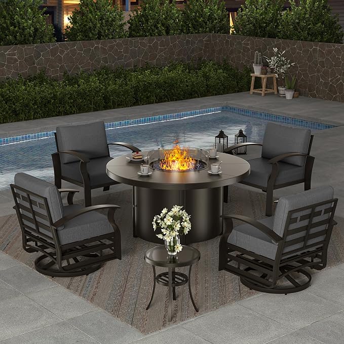 ALAULM Aluminum Patio Furniture Set with 40,000 BTU Round Propane Fire Pit Table 4-seat Metal Outdoor Furniture w/Swivel & Rocking Conversation Set for Patio, Lawn, Poolside(Grey