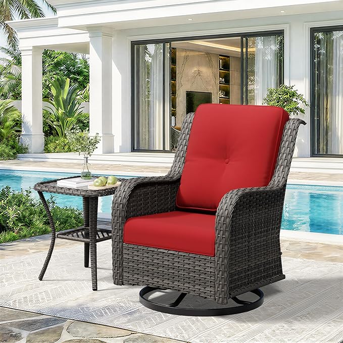 2 Pieces Outdoor Swivel Rocker Patio Chairs Set - Outdoor Wicker Patio Furniture Sets with 1 Side Table, Olefin Fabric Cushions Suitable for Backyard Deck and Porch, Red