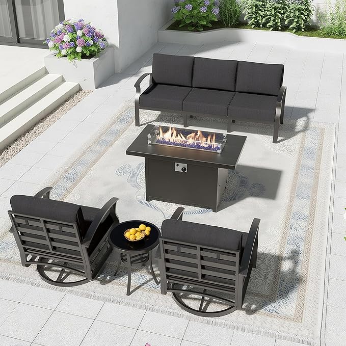 Aluminum Patio Furniture Set with 55,000 BTU Propane Fire Pit Table,5 Seats Metal Modern Outdoor Furniture w/5.1" Cushions,Patio Sectional w/Swivel Chairs for Backyard,Patio,Black