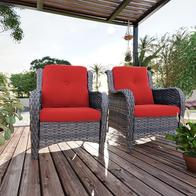 Outdoor Wicker Chair Rattan Patio Dining Chairs Set of 6 PE Wicker Patio Chairs with 4 inch Seat Cushions Patio Seating Chair for Garden, Backyard Swimming Pool, Balcony, Red