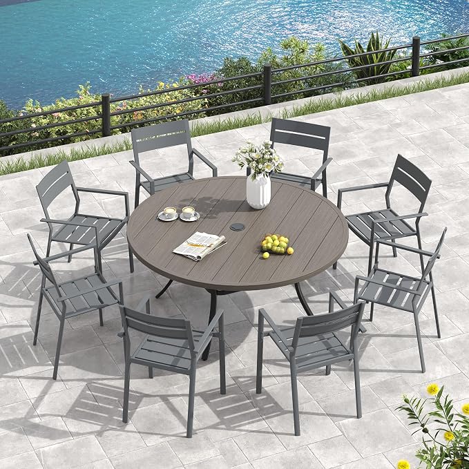 VICLLAX 60" Round Patio Table, Outdoor Dining Table for 8-10 with Umbrella Hole for Garden Lawn Deck Backyard, Antique Grey