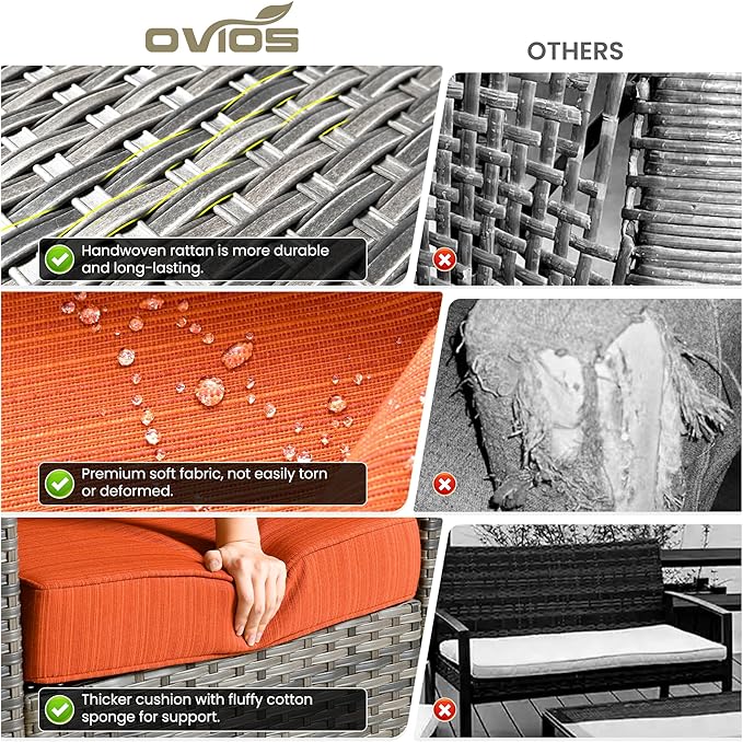 ovios 9 Pieces Patio Furniture Set, Outdoor Wicker Sofa Couch with Rocking Swivel Chairs Fire Pit Table, Modern Deep Seat Rattan Conversation Sets for Deck Porch, Orange Red