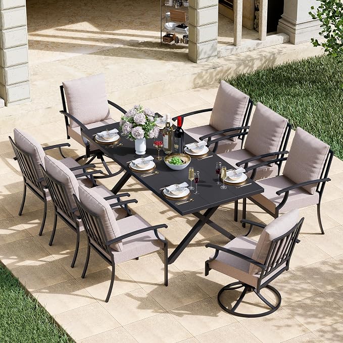Kullavik 9 Pieces Outdoor Dining Set,Patio Dining Table and Chairs Set for 8,Fence Pattern Back Chairs with Thickened Cushions & Rectangular Metal Dining Table with Umbrella Hole for Patio,Sand