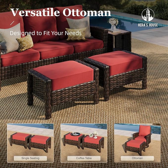 HERA'S HOUSE 8-Piece Patio Furniture Set with Swivel Chairs & Fire Pit, Outdoor High Back Wicker Conversation Sets with 5.5" Thick Cushions, All-Weather Deep Seating Sofa with Ottomans, Red