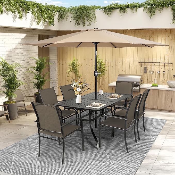 Crownland 7 Piece Patio Dining Set, Textilene Dining Sets, 6 Textilene Metal Chairs and Rectangular Outdoor Dining Table with Khaki 9FT Round Outdoor Umbrella (Brown)