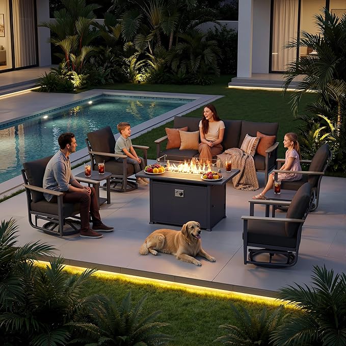 7-Seat Outdoor Patio Furniture Set with Rocking Swivel Chairs, Aluminum Sectional Sofa Patio Conversation Set with 55,000 BTU Fire Pit Table & High Backrest & Thickened Cushions, Dark Grey