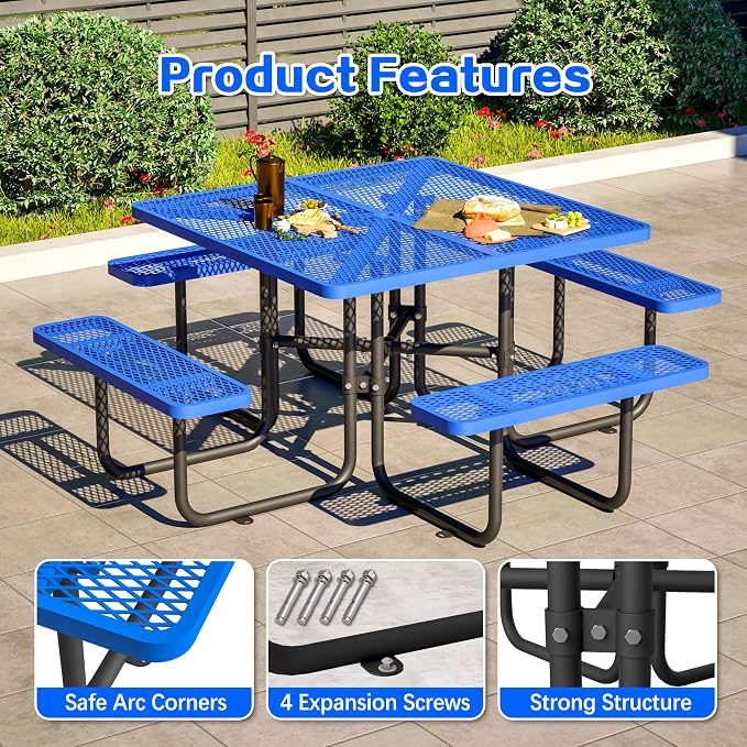 Square Outdoor Metal Coffee Picnic Table for Patio, Backyard, Garden and DIY (Includes 4 Built-in Benches) - Blue