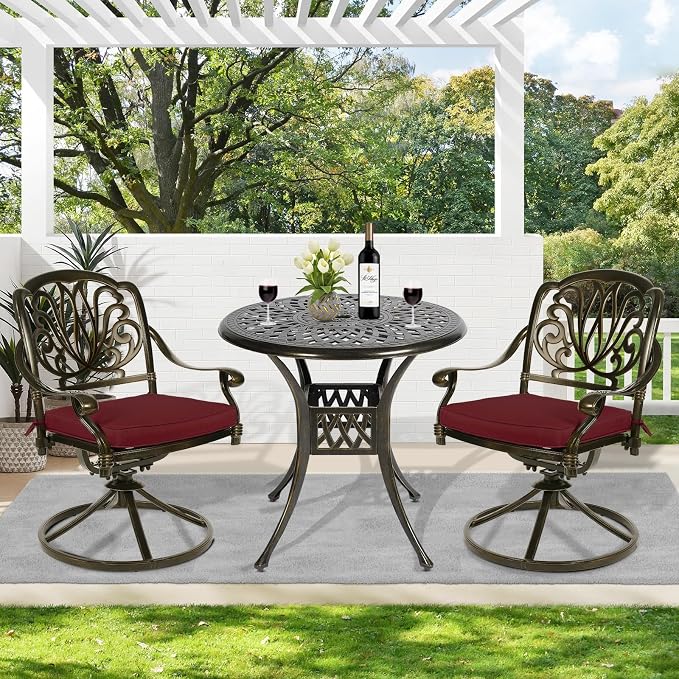 MEETWARM 3-Piece Outdoor Patio Dining Set, All-Weather Cast Aluminum Patio Conversation Set for Backyard Garden Deck with 2 Cushions Swivel Rocker Chairs and 31" Round Table, Umbrella Hole, Chili Red