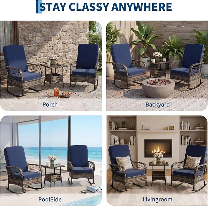 GarveeHome 3-Piece Outdoor Rocking Chair Set, Wicker Rattan Patio Furniture with Glass-Top Coffee Table, Modern Conversation Seating with Cushions for Porch, Backyard (Brown Rattan & Blue Cushion)