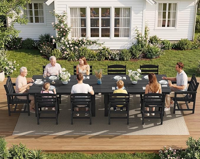 SERWALL HDPE Outdoor Dining Set for 10 with 2 Tables & 10 Chairs, Black | 12-Piece HDPE Outdoor Dining Set for 10, All-Weather Resistant Dining Furniture