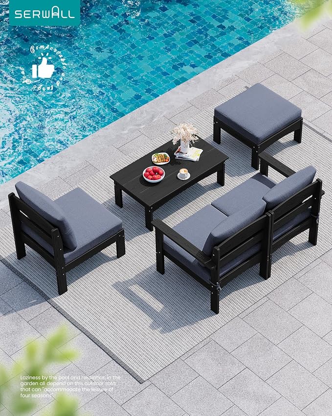 SERWALL 2 Pieces Patio Sofa, All-Weather HDPE Outdoor Conversation Set with Removable Cushions and Ottoman, Modular Design Converts to Chaise Lounge for Porch, Poolside, Black Frame with Grey Cushion