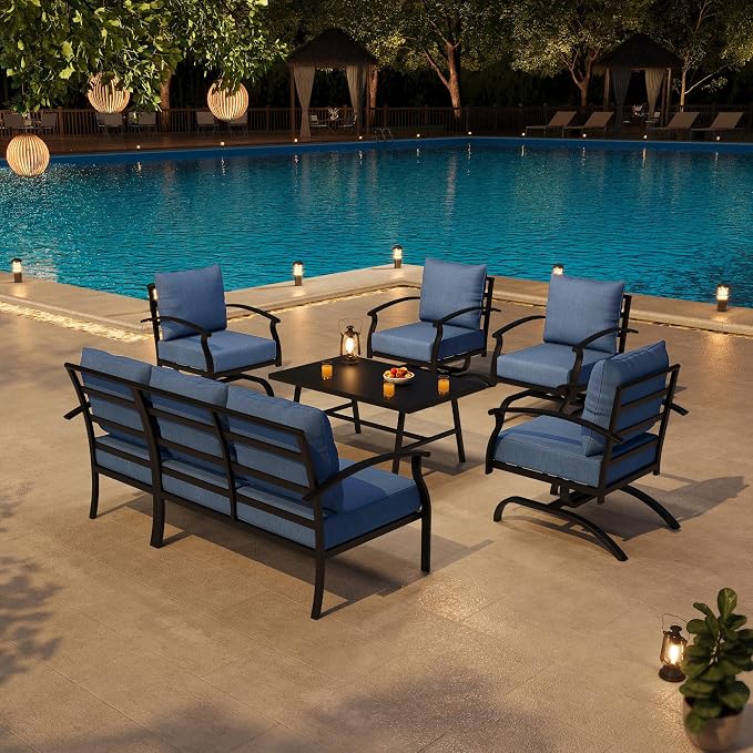 Metal Patio Furniture Set,6 Pieces 7 Seats Patio Sectional Outdoor Furniture Set with Rectangular Coffee Table,Patio Conversation Sets with 5.1" Thickened Cushions,Navy Blue