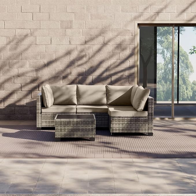 5-Piece Outdoor Patio Furniture Set, Gray PE Rattan Sectional Sofa with Dark Khaki Cushions and Steel Frame, Coffee Table Included, Modular Outdoor Conversation Set for Patio Garden Poolside