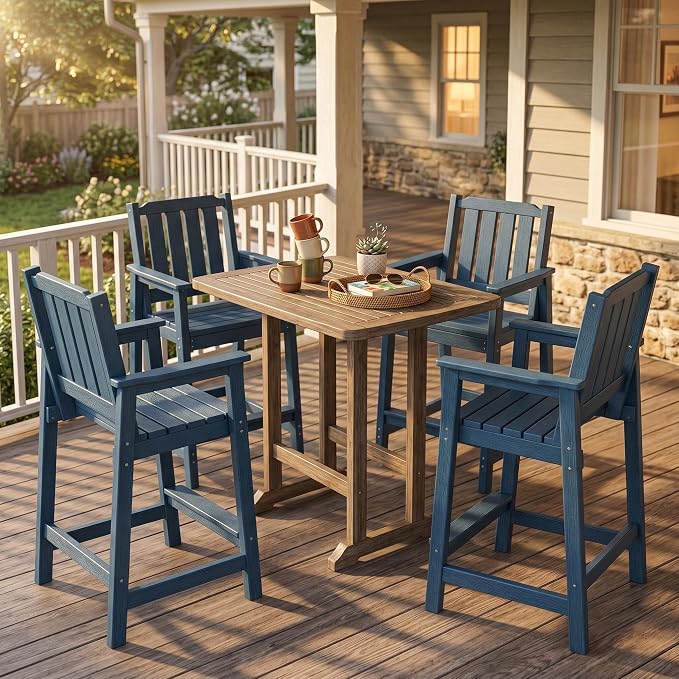 Takywep Set of 4 HDPE Wood Grain Outdoor Bar Stools, 27.7" High Counter Height Chairs with Armrests and Back, Weatherproof Pub Seating for Patio, Balcony, Garden, Deck, Backyard, Navy Blue