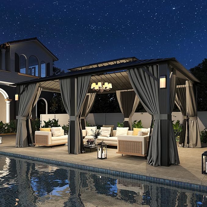 Aoxun 16'x12' Hardtop Gazebo with 4 LED Lights, Outdoor Gazebo with Galvanized Steel Double Roof, Patio Gazebo with Breathable Netting & Privacy Curtain, Decor Hooks for Backyard, Gray