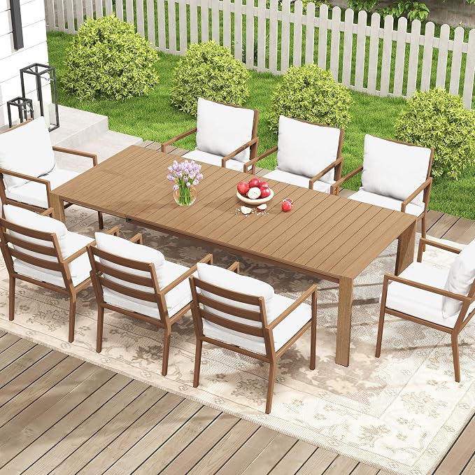 HAPPATIO Expandable Aluminum Outdoor Dining Table,Wood-Like Aluminum Rectangular Table for 4-8 Person,Large Rectangular Table with Safe Lock for Patio, Deck, Backyard, Porch