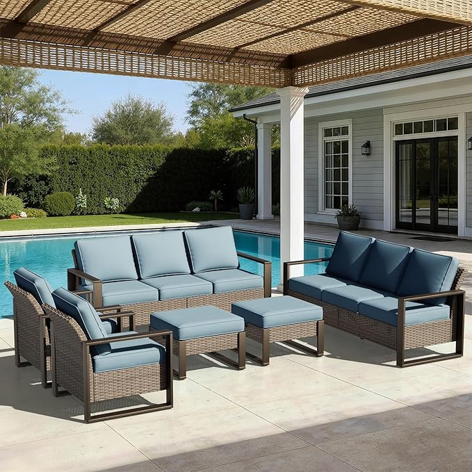 Joyside Outdoor Patio Chairs, 5 Pieces Wicker Rattan Furniture Set, 2 Patio Chairs, 2 Sofa and 2 Ottoman, Metal Wide Armrest, Thick Cushions and Deep Seating for Garden, Backyard, Porch, Deck