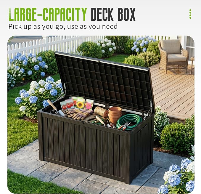 230 Gallon Outdoor Deck Storage Box, All Weather Vertical Wood Grain Lockable Heavy-Duty Storage Bin for Large Patio, Pool & Backyard Outdoor Equipment (Black,230GAL)