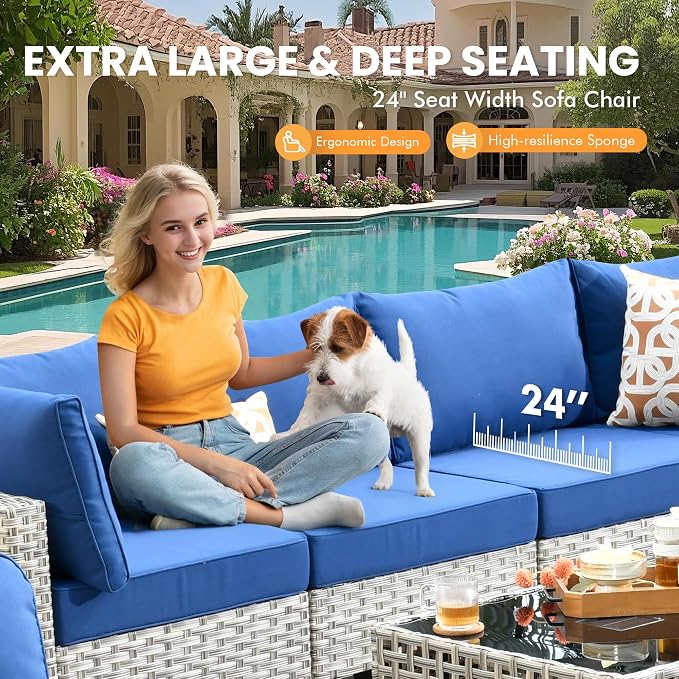 Outdoor Sectional Patio Furniture Set with Swivel Rocking Chairs,9 Pieces Wicker Conversation Sets L Shaped Couch Out Door Sofa Set Outside Furniture for Garden Deck Yard Porch,Navy Blue