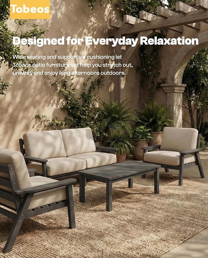 HDPE Patio Furniture Set 5 Seats with Cantilever Umbrella, Outdoor Couch with Washable Thick Beige Cushions & Tables, Outdoor Sectional Furniture for Deck, Lawn, Porch (Gray Frame)