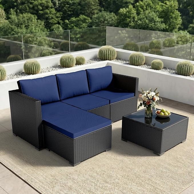 Patio Furniture Set - All-Weather -5 Piece Outdoor Patio Conversation Couch Sets, Modular Wicker Rattan Sectional Sofa for Garden, Patio, Poolside, Backyard, Balcony, Porch,Navy Blue