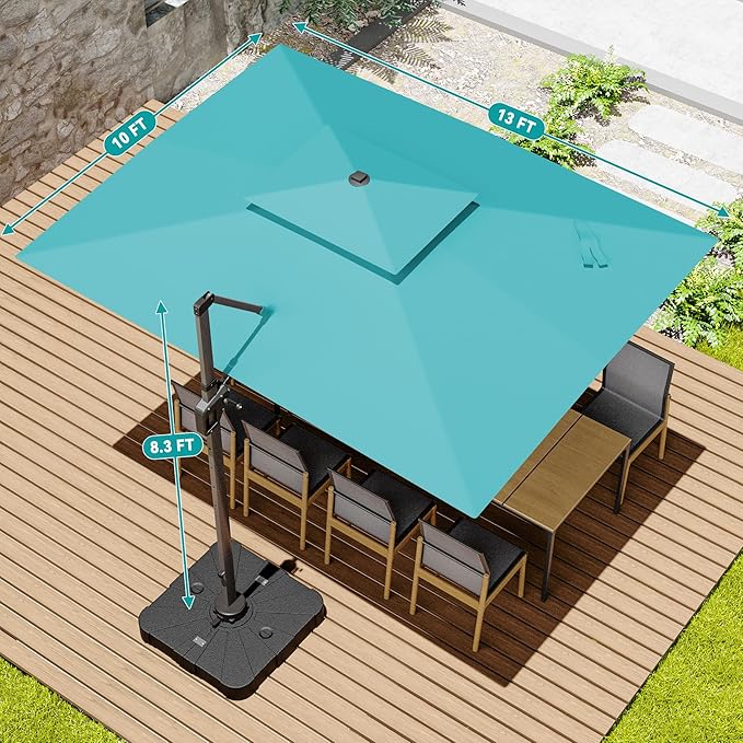 10x13 FT Cantilever Patio Umbrella with Base and Led Lights Double Top Outdoor Rectangular Large Heavy Duty Aluminum Offset Umbrellas with 7 Level Tilt 360-degree Rotation for Pool Garden Deck, Turquoise