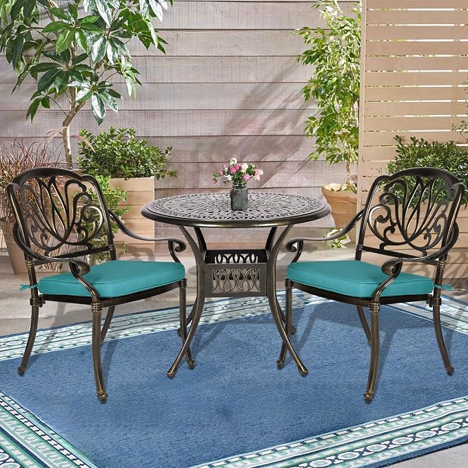 3-Piece Outdoor Patio Dining Set, All-Weather Cast Aluminum Patio Furniture Set for Backyard Garden Deck with 2 Cushioned Chairs and 35.4” Round Table, 2" Umbrella Hole, Ocean Blue