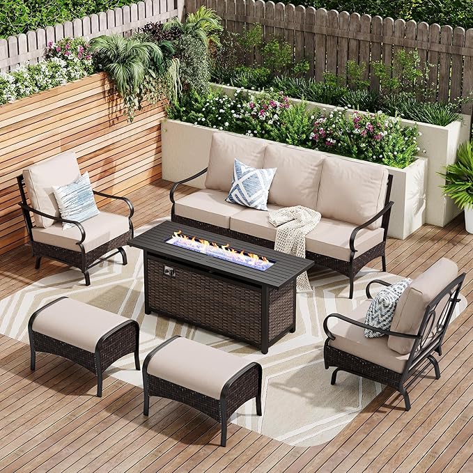 Patio Furniture Set with 56" Fire Pit Table, Premium Outdoor Wicker Metal Frame Furniture with Upgraded Waterproof Thick Cushions for Porch, Poolside, Deck, and Yard (8 Pieces,Beige)