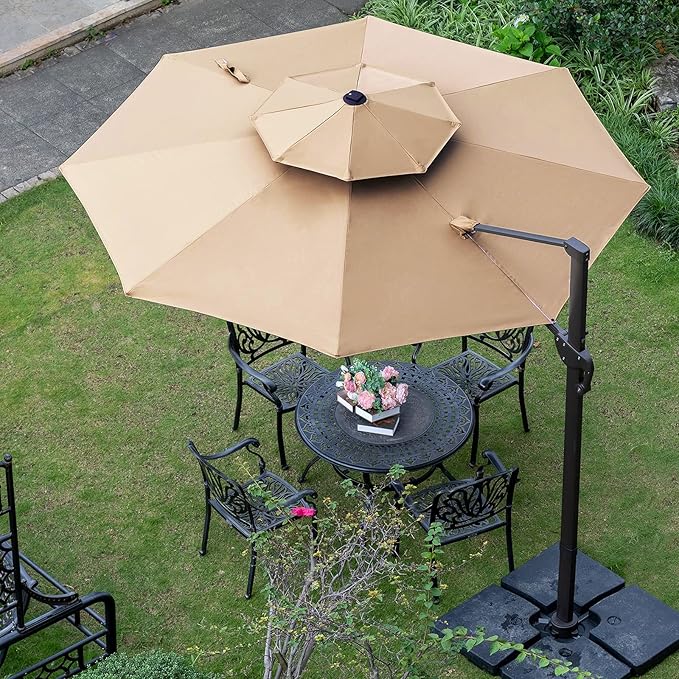 Sunnyglade 11FT Double Top Cantilever Patio Umbrella Deluxe Offset Umbrella 360° Rotation & Integrated Tilting System Heavy Duty Outdoor Umbrella for Market Garden Deck Pool Backyard Patio(Tan)