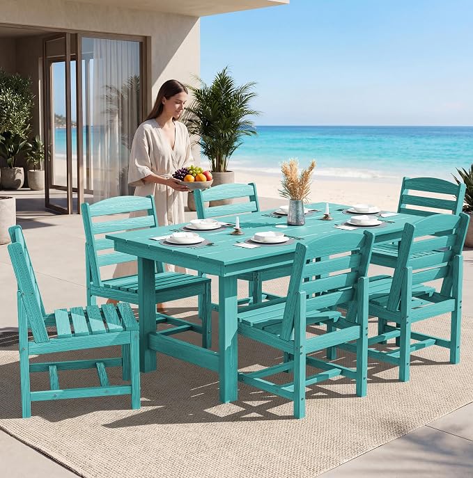 SERWALL 7-Pc HDPE Patio Dining Set, 1 Table & 6 Armless Chairs, Aruba | HDPE Outdoor Dining Set with Rectangular Table & 6 Armless Chairs, All-Weather Resistant SERWALL Dining Set for 6