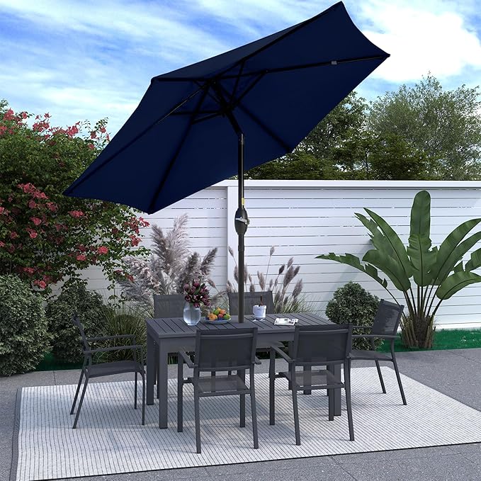 SUNVIVI OUTDOOR 7.5' Outdoor Patio Umbrella, Patio Umbrella, Market Umbrella, Aluminum Pole Umbrella with Push Button Tilt and Crank, 6 Ribs, Polyester Canopy, Navy Blue