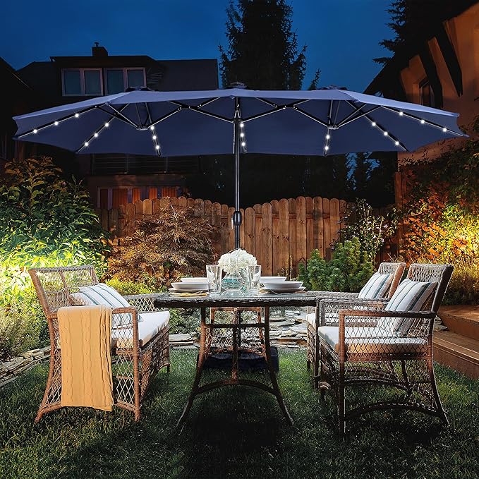 HERA'S PALACE 15ft Patio Umbrella with Base Included Double Sided Outdoor Umbrella for Patio Table Umbrella Outdoor 36 LED Solar Lights for Garden