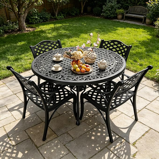 48" Cast Aluminum Outdoor Dining Table,Dining Conversation Side Table, Patio Bistro Table with 2.36" Umbrella Hole for Backyard, Garden, Patio, Porch