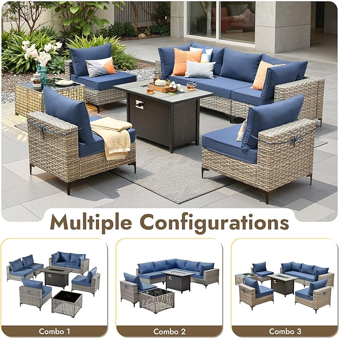 8 Pieces Patio Furniture Set with 42" Fire Pit, All-Weather Rattan Outdoor Sectional Conversation Sets L Shaped Sofas with Solar Light Coffee Table for Porch Balcony Backyard Denim Blue
