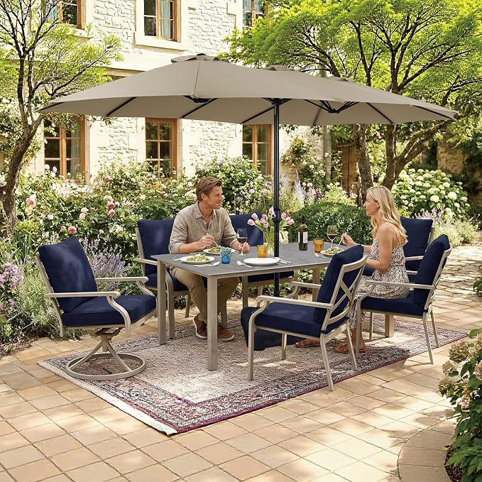 7-Piece Patio Dining Set, Grey Food-Grade Sintered Stone Dining Table with Umbrella Hole, 4 Dining Chairs and 2 Swivel Chairs with Blue Removable Thickened Cushions for Garden Lawn Yard