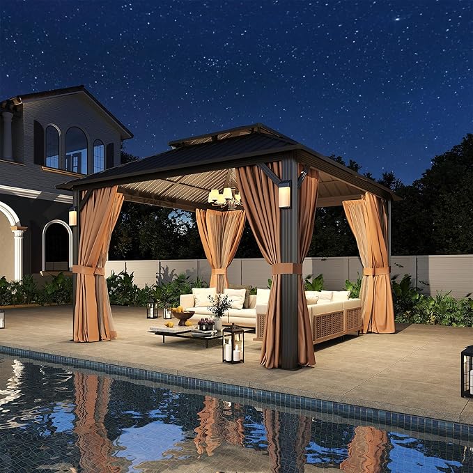 Aoxun 12'x12' Hardtop Gazebo with 4 LED Lights, Outdoor Gazebo with Galvanized Steel Double Roof, Patio Gazebo with Breathable Netting & Privacy Curtain, Decor Hooks for Backyard, Brown