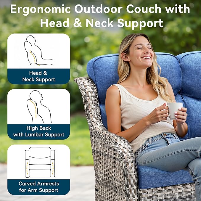 Luxury 4 Pieces Patio Furniture Set-Outdoor Swivel Rocker Patio Chairs with 6" Extra Thick Cushions, High Back Outdoor Couch and Coffee Table, Wicker Conversation Sets for Porch Deck(Grey/Blue)