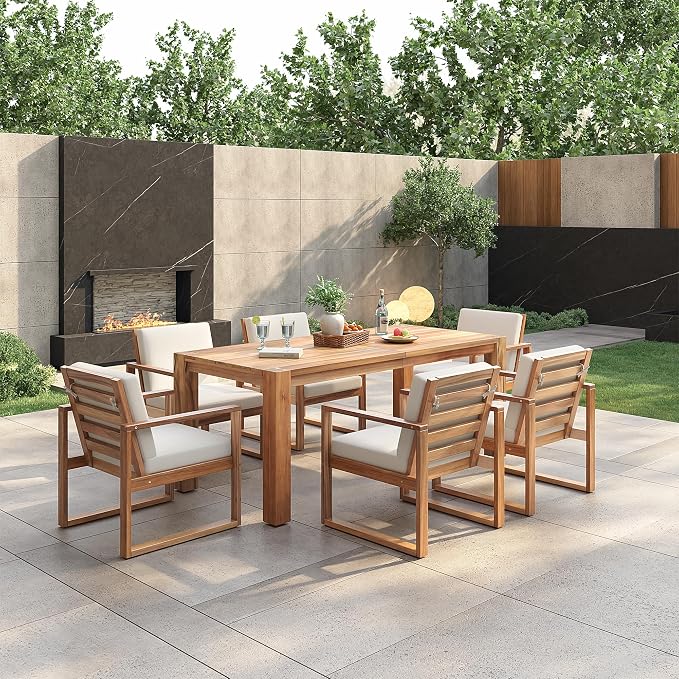 Merax Outdoor Patio Dining Table Set, 7-Piece Outdoor Dining Table Sets with Umbrella Hole Cut-Out Table and 6 Chairs with Removable Cushion, Acacia Wood Dining Sets Outdoor Furniture Set, Light Teak