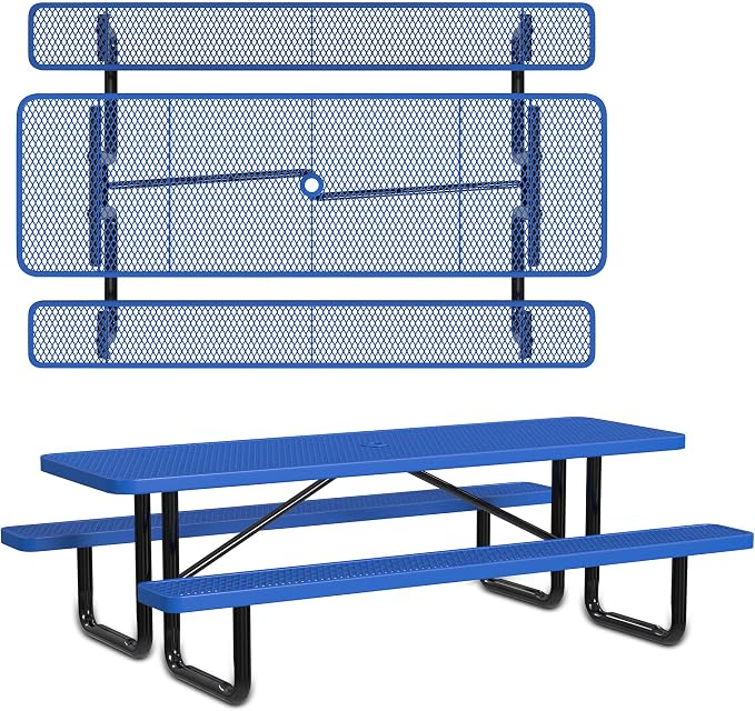 Leisure Craft Metal Picnic Table with Bench - 8 ft Rectangle Outdoor Dining Table for 8, Umbrella Hole, Weatherproof Heavy Duty Thermoplastic Coating, Commercial Grade Furniture Made in USA - Blue