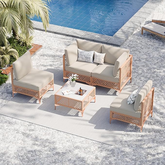 Vikiullf Patio Conversation Set, 5 Piece Outdoor Sectional Sofa Set with Coffee Table, Wicker Bistro Set with Thick Cushions, for Garden, Backyard, Poolside (Beige)