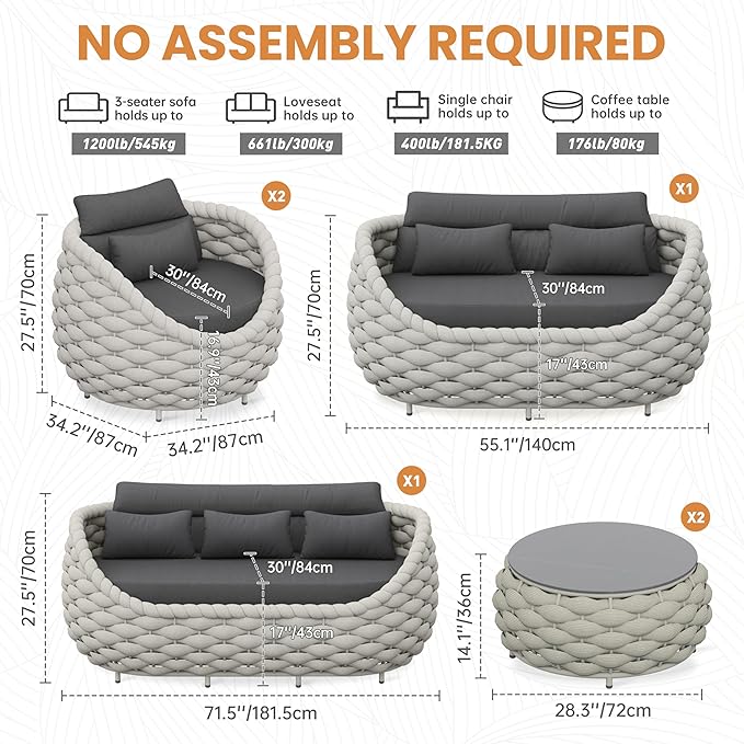 Patio Conversation Deck Furniture Sets: 6-Piece Aluminum Woven Rope Outdoor Sofa Set - Modern Cushions Couch Set - No Assembly Metal Porch Seating for Deck Yard Garden Lanai Pool Hotel Resort
