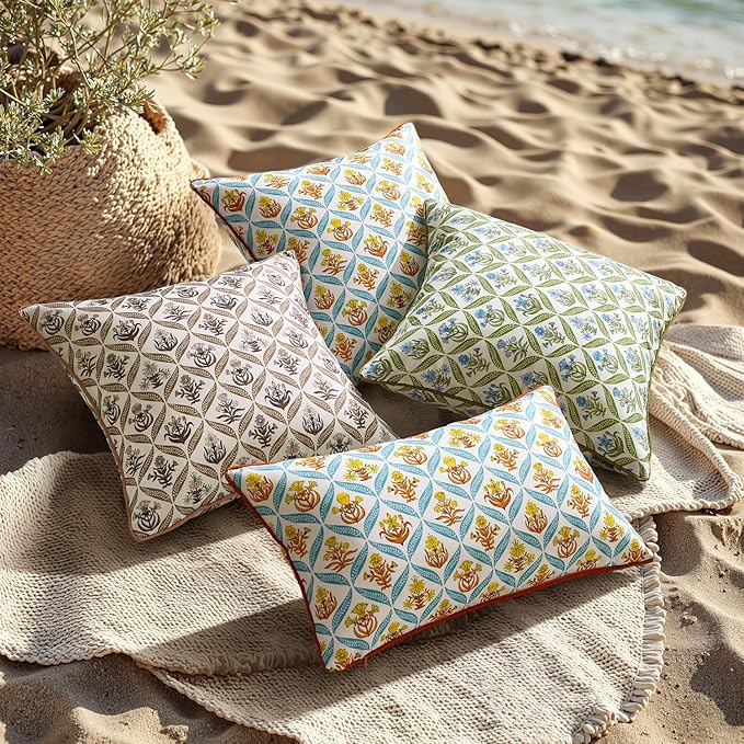 ANRODUO Floral Outdoor Pillow Covers 12x20 Waterproof Set of 2 Lumbar Block Print Decorative Cushion Cases with Refined Edge Piping for Summer Patio Porch Garden Couch Sofa Bench Decor Orange