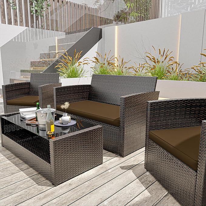 3 Pack Outdoor Patio Seat Cushions Replacement Covers Fit for 4 Pieces 4-Seater Wicker Rattan Patio Conversation Set Loveseat Chair Couch Furniture,36x18x2,18x18x2,Chocolate-Cover Only