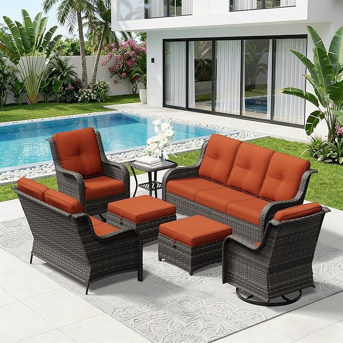 7 Piece Outdoor Wicker Patio Furniture Set, Outdoor Swivel Rocker Patio Chairs Set with Thickened Olefin Cushions, High Back and Deep Seating, Hand-Woven PE Rattan for Porch, Deck