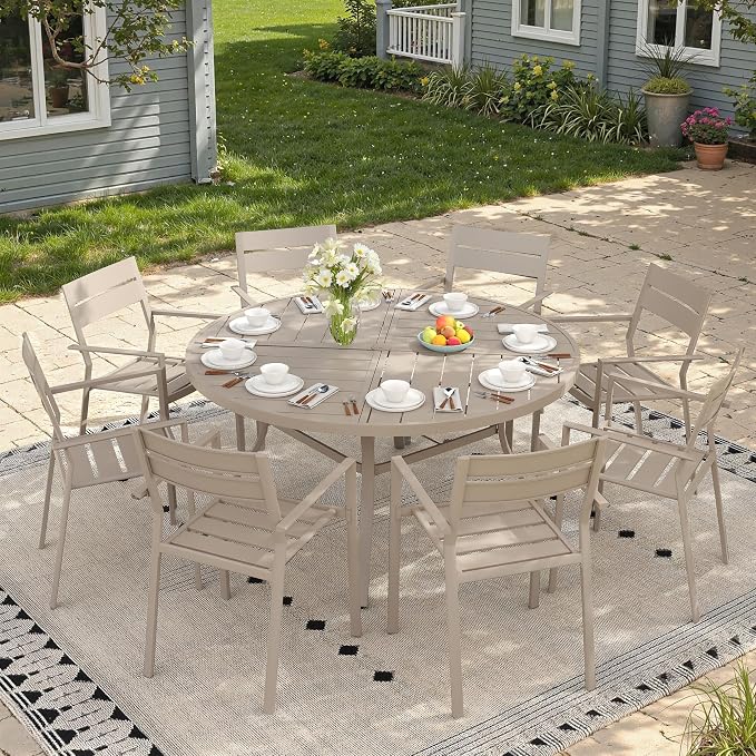 53.1" Outdoor Dining Table with Adjustable Umbrella Hole, Metal Slatted Round Patio Dining Table for Backyard Garden Deck, Sandshell