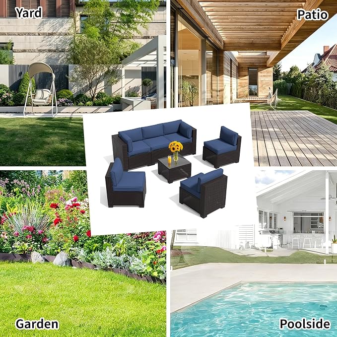 7 Pieces Outdoor Patio Furniture Set, Wicker Modular Sectional Sofa, All Weather Conversation Sets with Glass Table for Yard, Garden, Poolside, Navy Blue Cushions