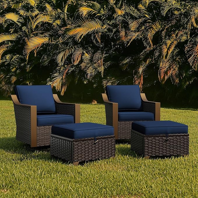 Patio Metal Wicker Swivel Chairs with Ottomans Set of 2, Conversation Furniture Set - 360 Degree Glider Rocker Chairs | 2 Wicker Ottomans, Washable Cushions, Metal armrests (Navy Blue)