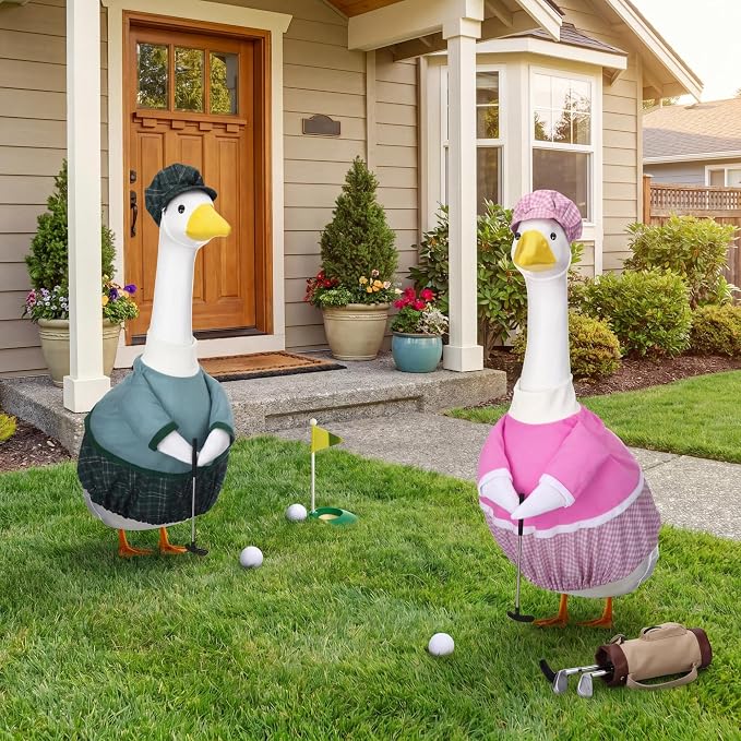 Abbylike 2 Set Golfer Porch Goose Outfit Teeing Off Golfer Goose Costume Clothes Fit 23" Lawn Geese Statue with Golf Clubs and Pins for Outdoor Yard Garden Patio Statue Art Decor